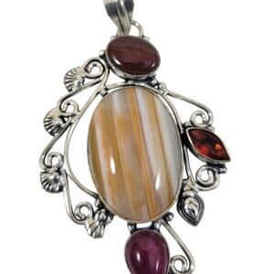 Sterling Silver Pendant with Red Garnet Accents and Striped Banded Agate Stone